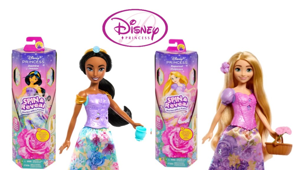 DISNEY PRINCIPESSE - SPIN & REVEAL , Set con bambola + 11 sorprese da scoprire